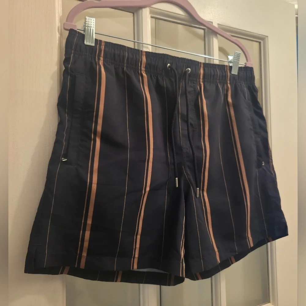 The Kooples Navy Blue & Gold Swim Trunks W/ Stripes & Zip-Up Pockets